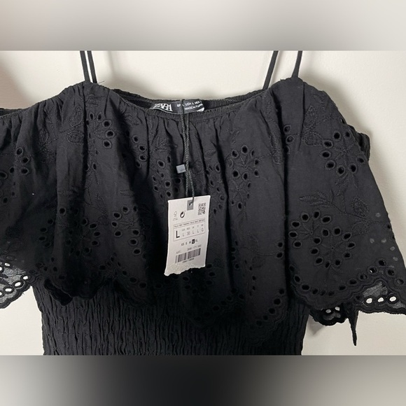 Zara Women's Black Eyelet Smocked Ruffle Mini Dress Short - Picture 4 of 10